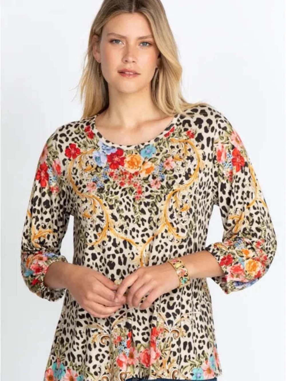 Johnny Was Cheetah Floral Puff Sleeve Top Size L
